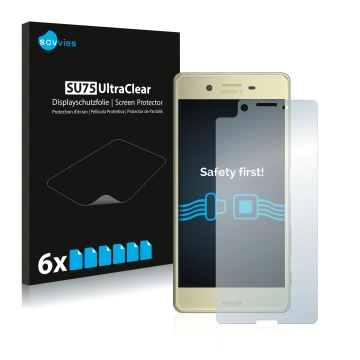 Front side of a product packaging with the brand logo Savvies. Next to it is the device Sony Xperia X shown with the correspon