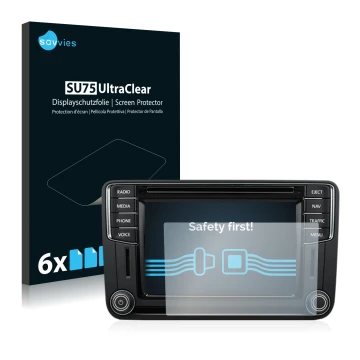 Front side of a product packaging with the brand logo Savvies. Next to it is the device Volkswagen T6 2016 Discover Media Plus