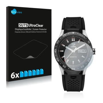 Front side of a product packaging with the brand logo Savvies. Next to it is the device TAG Heuer Connected 46 shown with the 