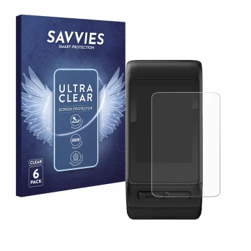 Front side of a product packaging with the brand logo Savvies. Next to it is the device Garmin vivoactive HR shown with the co