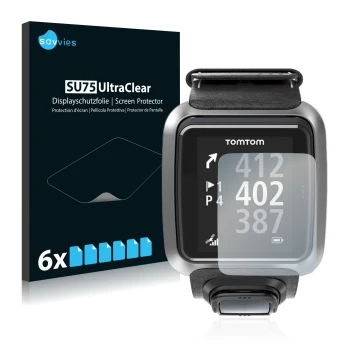 Front side of a product packaging with the brand logo Savvies. Next to it is the device TomTom Golfer 2 shown with the corresp