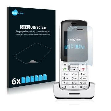 Front side of a product packaging with the brand logo Savvies. Next to it is the device Gigaset SL450HX shown with the corresp