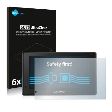 Front side of a product packaging with the brand logo Savvies. Next to it is the device Garmin DriveSmart 50 LMT-D shown with 