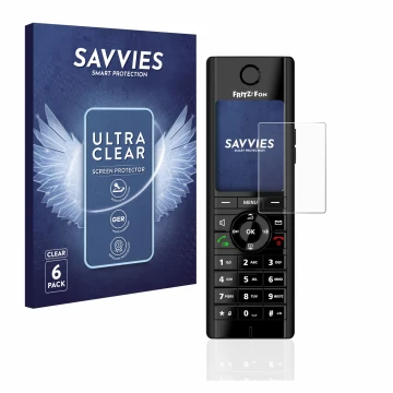 Front side of a product packaging with the brand logo Savvies. Next to it is the device AVM Fritz!Fon C5 shown with the corres