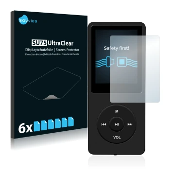 Front side of a product packaging with the brand logo Savvies. Next to it is the device AGPtek 8GB MP3-Player shown with the c