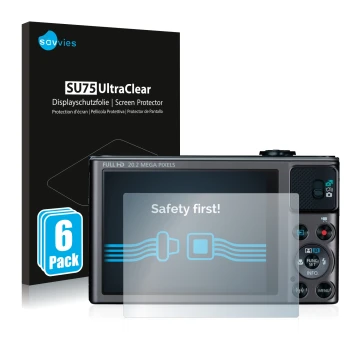 Front side of a product packaging with the brand logo Savvies. Next to it is the device Canon PowerShot SX620 HS shown with th