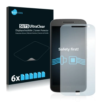 Front side of a product packaging with the brand logo Savvies. Next to it is the device Motorola Moto G4 Plus shown with the c