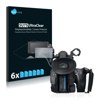 Front side of a product packaging with the brand logo Savvies. Next to it is the device Sony PXW-FS5 shown with the correspond