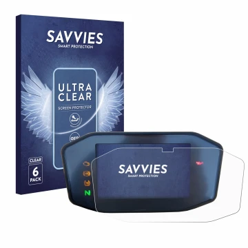 Front side of a product packaging with the brand logo Savvies. Next to it is the device KTM 690 Duke 2016 shown with the corre