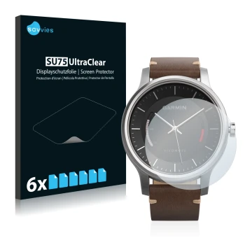 Front side of a product packaging with the brand logo Savvies. Next to it is the device Garmin vivomove shown with the corresp