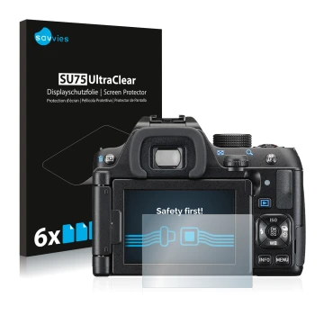 Front side of a product packaging with the brand logo Savvies. Next to it is the device Pentax K-70 shown with the correspondi