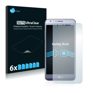 Front side of a product packaging with the brand logo Savvies. Next to it is the device LG X Mach shown with the corresponding