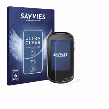 Front side of a product packaging with the brand logo Savvies. Next to it is the device Garmin Oregon 700 shown with the corre