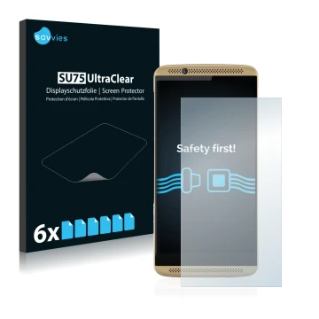 Front side of a product packaging with the brand logo Savvies. Next to it is the device ZTE Axon 7 shown with the correspondin