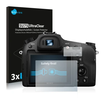 Front side of a product packaging with the brand logo Savvies. Next to it is the device Sony Cyber-Shot DSC-RX10 III shown wit