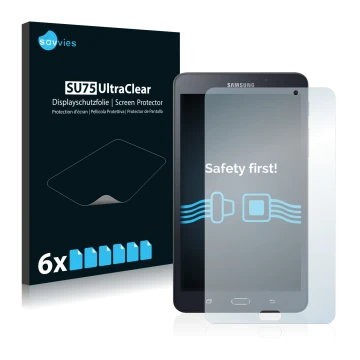 Front side of a product packaging with the brand logo Savvies. Next to it is the device Samsung Galaxy J Max shown with the co