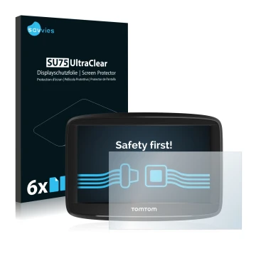 Front side of a product packaging with the brand logo Savvies. Next to it is the device TomTom Start 52 shown with the corresp