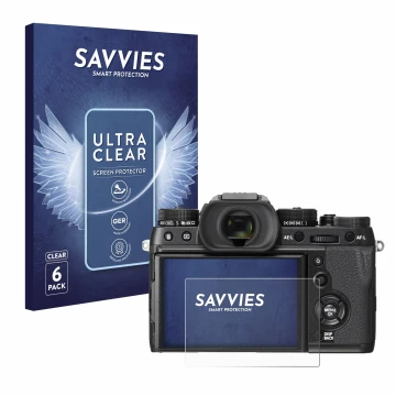 Front side of a product packaging with the brand logo Savvies. Next to it is the device Fujifilm X-T2 shown with the correspon