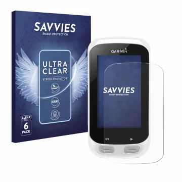 Front side of a product packaging with the brand logo Savvies. Next to it is the device Garmin Edge Explore 1000 shown with th