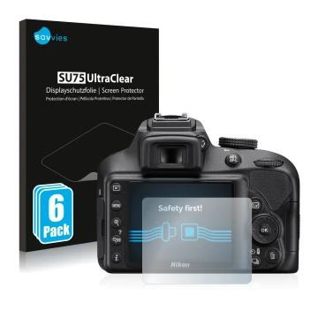 Front side of a product packaging with the brand logo Savvies. Next to it is the device Nikon D3400 shown with the correspondi