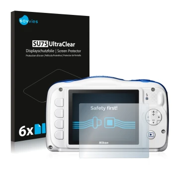 Front side of a product packaging with the brand logo Savvies. Next to it is the device Nikon Coolpix W100 shown with the corr