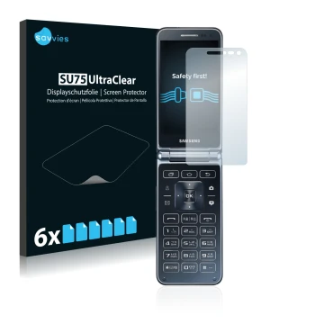 Front side of a product packaging with the brand logo Savvies. Next to it is the device Samsung Galaxy Folder 2 shown with the