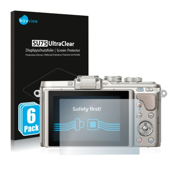 Front side of a product packaging with the brand logo Savvies. Next to it is the device Olympus PEN E-PL8 shown with the corre