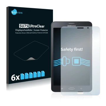 Front side of a product packaging with the brand logo Savvies. Next to it is the device Samsung Galaxy Tab A6 7.0 4G shown wit