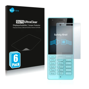 Front side of a product packaging with the brand logo Savvies. Next to it is the device Nokia 216 shown with the corresponding