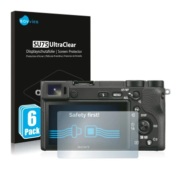 Front side of a product packaging with the brand logo Savvies. Next to it is the device Sony Alpha 6500 shown with the corresp