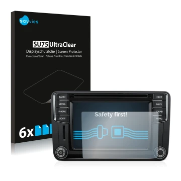 Front side of a product packaging with the brand logo Savvies. Next to it is the device Volkswagen T6 2015 Discover Media Plus