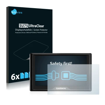 Front side of a product packaging with the brand logo Savvies. Next to it is the device Garmin Drive 50 LM shown with the corr