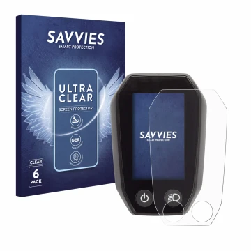 Front side of a product packaging with the brand logo Savvies. Next to it is the device Shimano Steps SC-E6010 shown with the 