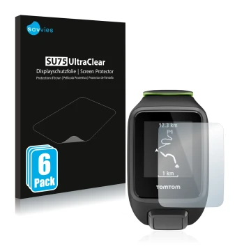 Front side of a product packaging with the brand logo Savvies. Next to it is the device TomTom Runner 3 shown with the corresp