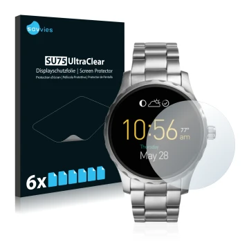 Front side of a product packaging with the brand logo Savvies. Next to it is the device Fossil Q Marshal (2.Gen) shown with th