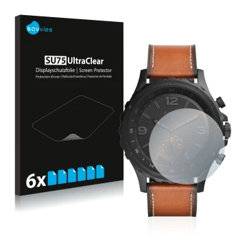 Front side of a product packaging with the brand logo Savvies. Next to it is the device Fossil Q Nate shown with the correspon