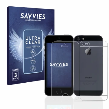 Front side of a product packaging with the brand logo Savvies. Next to it is the device Apple iPhone 5S (Front+Back) shown wit