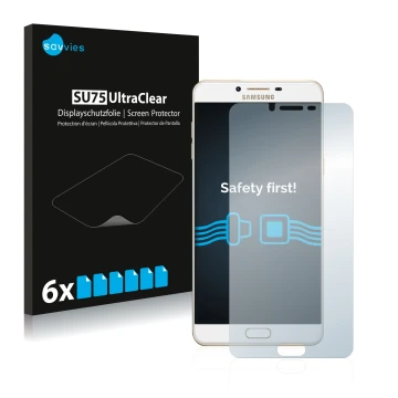 Front side of a product packaging with the brand logo Savvies. Next to it is the device Samsung Galaxy C9 Pro shown with the c