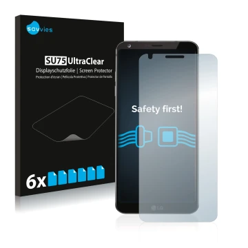 Front side of a product packaging with the brand logo Savvies. Next to it is the device LG G6 shown with the corresponding scr