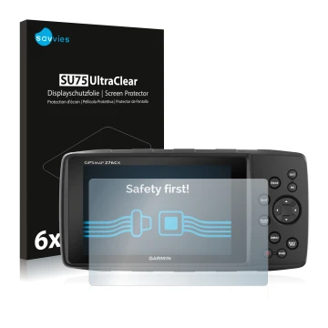 Front side of a product packaging with the brand logo Savvies. Next to it is the device Garmin 276Cx shown with the correspond