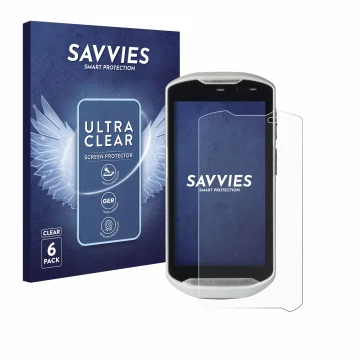 Front side of a product packaging with the brand logo Savvies. Next to it is the device Zebra TC51 shown with the correspondin