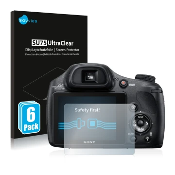 Front side of a product packaging with the brand logo Savvies. Next to it is the device Sony Cyber-Shot DSC-HX350 shown with t