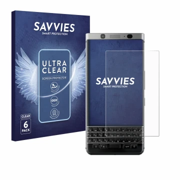 Front side of a product packaging with the brand logo Savvies. Next to it is the device BlackBerry Keyone shown with the corre