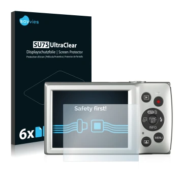 Front side of a product packaging with the brand logo Savvies. Next to it is the device Canon Digital Ixus 185 shown with the 