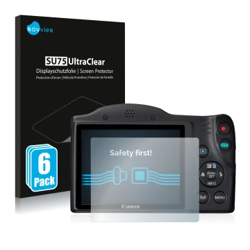 Front side of a product packaging with the brand logo Savvies. Next to it is the device Canon PowerShot SX430 IS shown with th