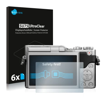 Front side of a product packaging with the brand logo Savvies. Next to it is the device Panasonic Lumix DC-GX800 shown with th