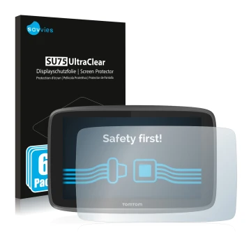 Front side of a product packaging with the brand logo Savvies. Next to it is the device TomTom Go 6200 shown with the correspo