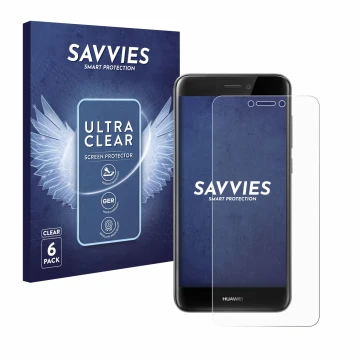 Front side of a product packaging with the brand logo Savvies. Next to it is the device Huawei P8 Lite 2017 shown with the cor