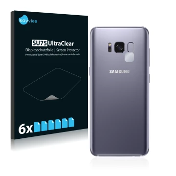 Front side of a product packaging with the brand logo Savvies. Next to it is the device Samsung Galaxy S8 (ONLY Camera Lens) s