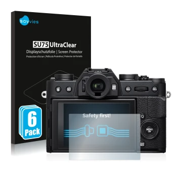 Front side of a product packaging with the brand logo Savvies. Next to it is the device Fujifilm X-T20 shown with the correspo